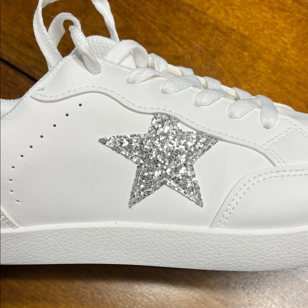 White Athletic Sneakers with Silver Glitter Star - Picture 2 of 8